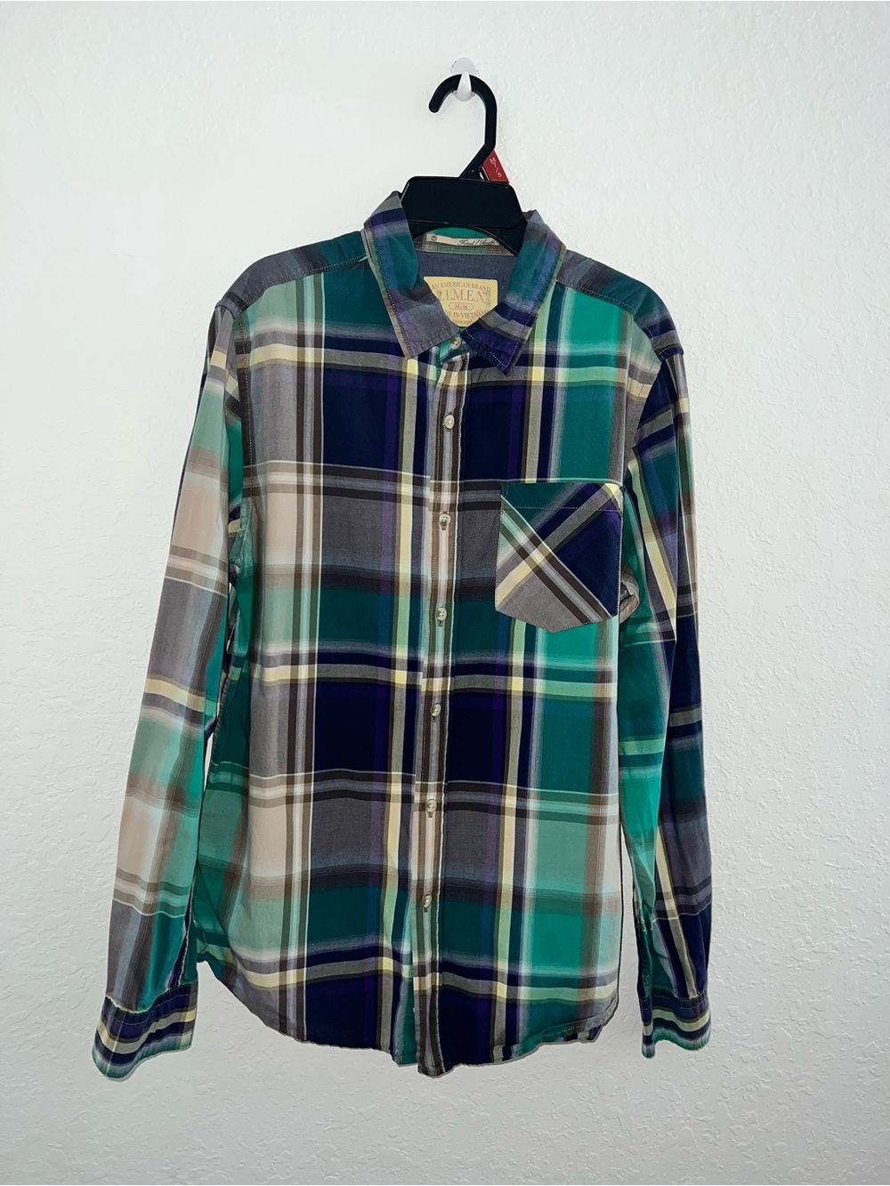 21men Men's Teal, Navy & Gray Plaid Button-Down Shirt
